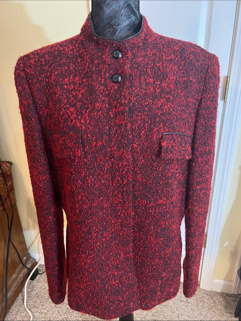 Kasper Red Bouclé Stand Collar Blazer